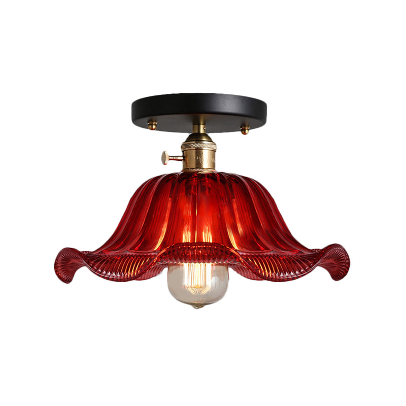 Red/Blue/Clear One Light Ceiling Mount Rustic Ribbed Glass Scalloped Semi Flush Light, 8"/10"/12" Wide Clearhalo 'Ceiling Lights' 'Close To Ceiling Lights' 'Close to ceiling' 'Glass shade' 'Glass' 'Semi-flushmount' Lighting' 138787