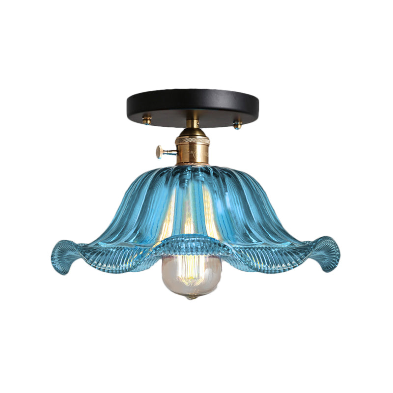 Red/Blue/Clear One Light Ceiling Mount Rustic Ribbed Glass Scalloped Semi Flush Light, 8"/10"/12" Wide Clearhalo 'Ceiling Lights' 'Close To Ceiling Lights' 'Close to ceiling' 'Glass shade' 'Glass' 'Semi-flushmount' Lighting' 138789