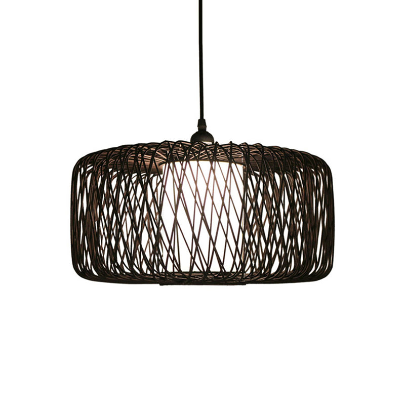 1 Light Restaurant Hanging Lamp with Drum Bamboo Shade Black Pendant Light Fixture, 16"/23.5" Wide Clearhalo 'Ceiling Lights' 'Modern Pendants' 'Modern' 'Pendant Lights' 'Pendants' Lighting' 138800