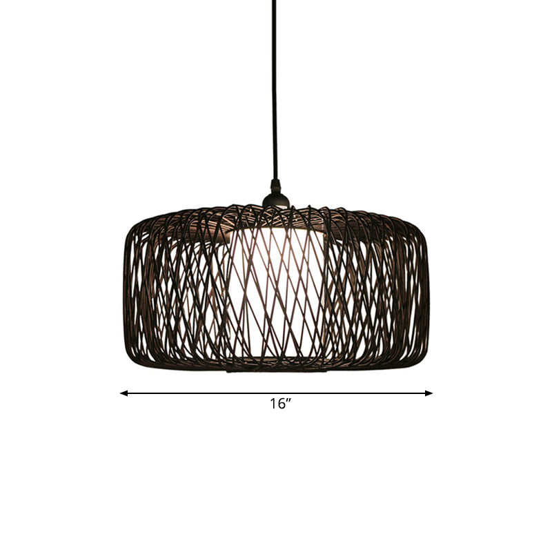 1 Light Restaurant Hanging Lamp with Drum Bamboo Shade Black Pendant Light Fixture, 16"/23.5" Wide Clearhalo 'Ceiling Lights' 'Modern Pendants' 'Modern' 'Pendant Lights' 'Pendants' Lighting' 138801