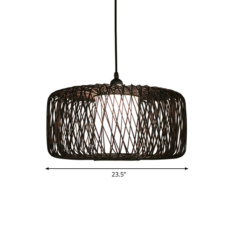 1 Light Restaurant Hanging Lamp with Drum Bamboo Shade Black Pendant Light Fixture, 16"/23.5" Wide Clearhalo 'Ceiling Lights' 'Modern Pendants' 'Modern' 'Pendant Lights' 'Pendants' Lighting' 138802