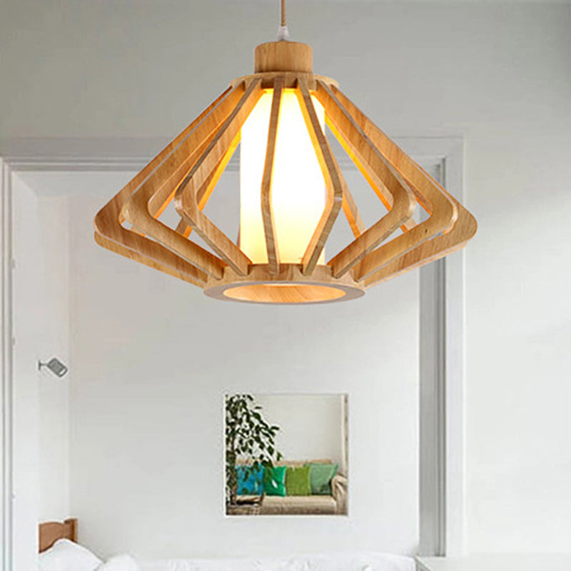 13"/17" Wide Wood Diamond Hanging Light Fixture Modern 1 Bulb Drop Light with Cylinder Glass Shade in Natural Wood Clearhalo 'Ceiling Lights' 'Pendant Lights' 'Pendants' Lighting' 138861