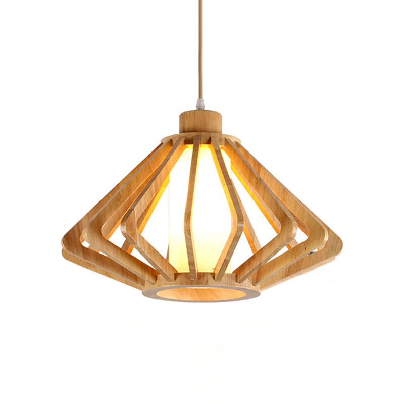 13"/17" Wide Wood Diamond Hanging Light Fixture Modern 1 Bulb Drop Light with Cylinder Glass Shade in Natural Wood Clearhalo 'Ceiling Lights' 'Pendant Lights' 'Pendants' Lighting' 138863