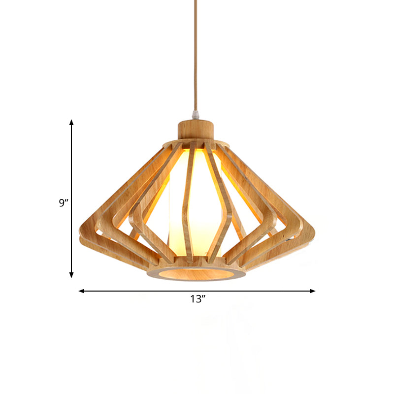 13"/17" Wide Wood Diamond Hanging Light Fixture Modern 1 Bulb Drop Light with Cylinder Glass Shade in Natural Wood Clearhalo 'Ceiling Lights' 'Pendant Lights' 'Pendants' Lighting' 138864