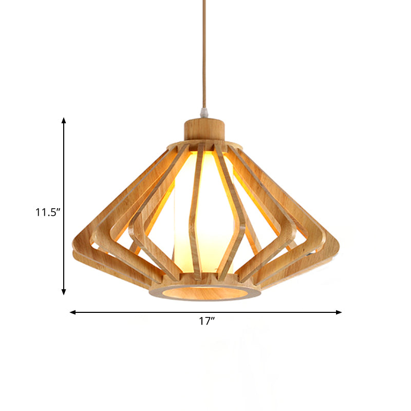 13"/17" Wide Wood Diamond Hanging Light Fixture Modern 1 Bulb Drop Light with Cylinder Glass Shade in Natural Wood Clearhalo 'Ceiling Lights' 'Pendant Lights' 'Pendants' Lighting' 138865