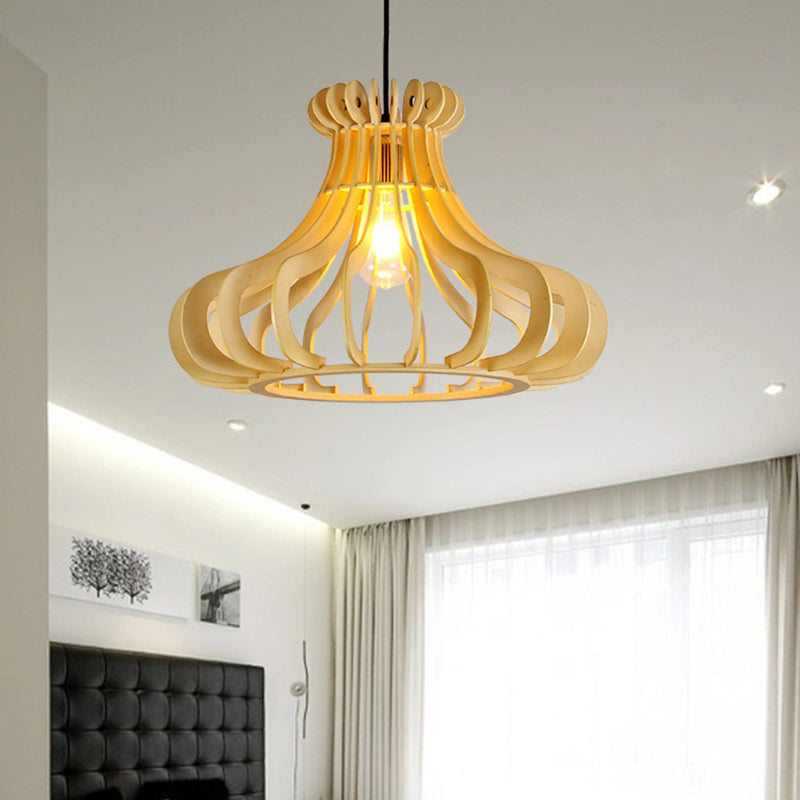 Contemporary Onion Shaped Pendant Lighting Wood 1 Light Bedroom Hanging Lamp in Beige Clearhalo 'Ceiling Lights' 'Modern Pendants' 'Modern' 'Pendant Lights' 'Pendants' Lighting' 138913