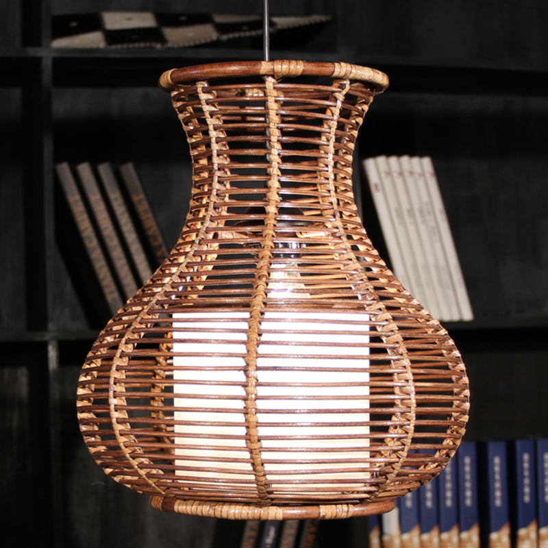 Japanese Vase Rattan Hanging Light Fixture 1-Light Suspension Pendant in Brown for Restaurant Cafe Clearhalo 'Ceiling Lights' 'Pendant Lights' 'Pendants' Lighting' 138937