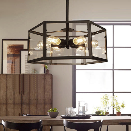 6 Bulbs Semi Flush Mount Vintage Geometric Clear Glass Ceiling Light in Black for Kitchen Black B Clearhalo 'Ceiling Lights' 'Close To Ceiling Lights' 'Close to ceiling' 'Semi-flushmount' Lighting' 138951