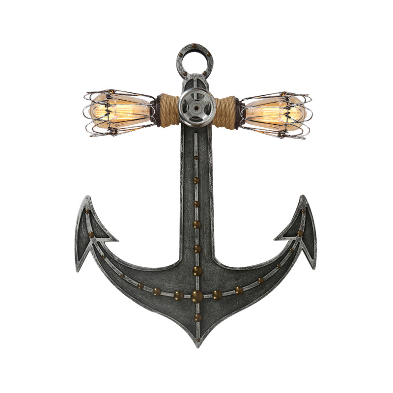 2 Lights Anchor Wall Lamp Nautical Industrial Wrought Iron Sconce Lighting for Restaurant Clearhalo 'Wall Lamps & Sconces' 'Wall Lights' Lighting' 138966