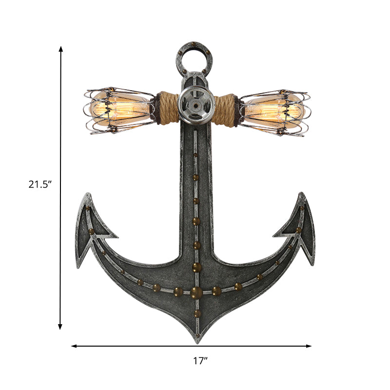 2 Lights Anchor Wall Lamp Nautical Industrial Wrought Iron Sconce Lighting for Restaurant Clearhalo 'Wall Lamps & Sconces' 'Wall Lights' Lighting' 138967