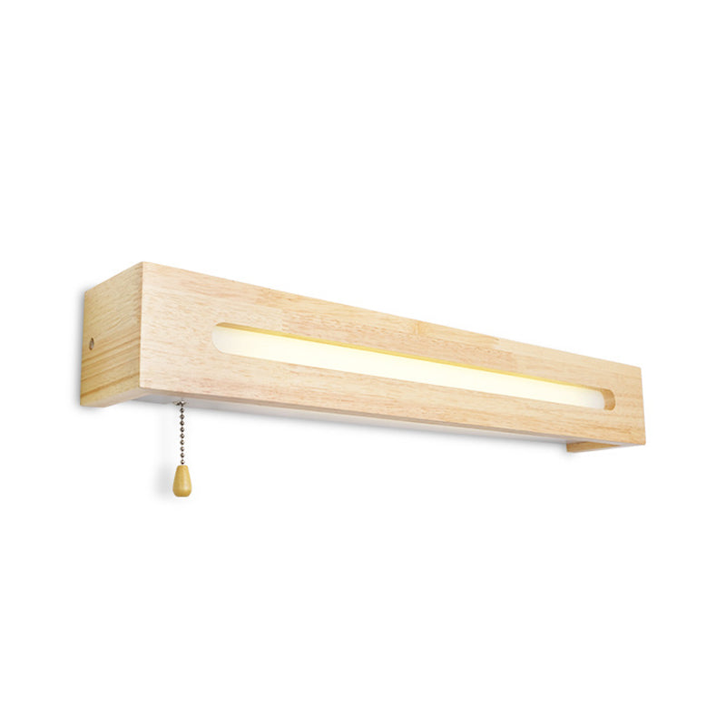 Rectangular Vanity Lamp Modern Wooden 18"/21.5" Wide 1-Head Beige Wall Sconce Light with Diffuser and Pull Chain Clearhalo 'Vanity Lights' 'Wall Lights' Lighting' 138978