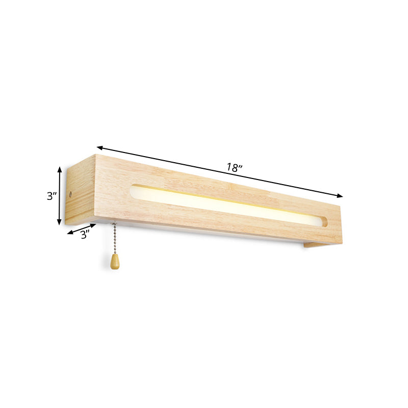 Rectangular Vanity Lamp Modern Wooden 18"/21.5" Wide 1-Head Beige Wall Sconce Light with Diffuser and Pull Chain Clearhalo 'Vanity Lights' 'Wall Lights' Lighting' 138979