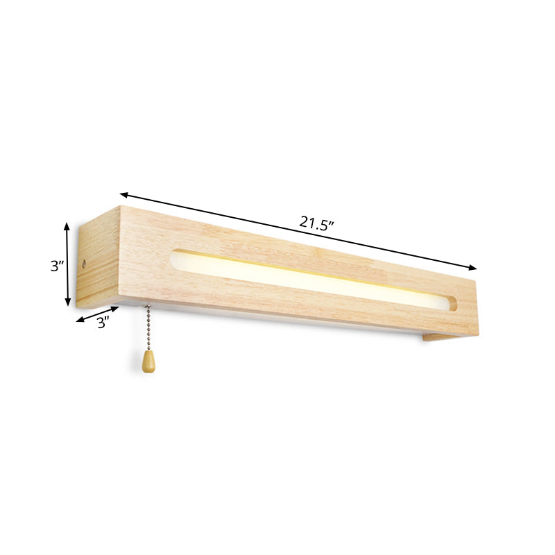 Rectangular Vanity Lamp Modern Wooden 18"/21.5" Wide 1-Head Beige Wall Sconce Light with Diffuser and Pull Chain Clearhalo 'Vanity Lights' 'Wall Lights' Lighting' 138980