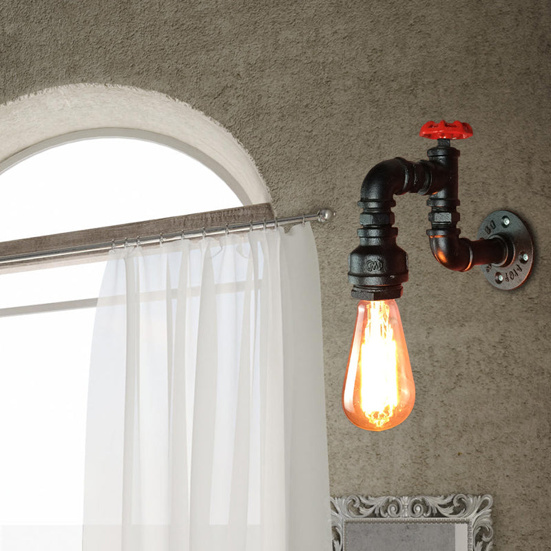 Black 1 Head Wall Sconce Light Rustic Industrial Metal Pipe Wall Lamp with Red Faucet Valve for Living Room Black Clearhalo 'Art deco wall lights' 'Cast Iron' 'Glass' 'Industrial wall lights' 'Industrial' 'Middle century wall lights' 'Modern' 'Rustic wall lights' 'Tiffany' 'Traditional wall lights' 'Wall Lamps & Sconces' 'Wall Lights' Lighting' 138990