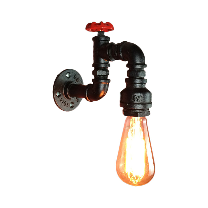 Black 1 Head Wall Sconce Light Rustic Industrial Metal Pipe Wall Lamp with Red Faucet Valve for Living Room Clearhalo 'Art deco wall lights' 'Cast Iron' 'Glass' 'Industrial wall lights' 'Industrial' 'Middle century wall lights' 'Modern' 'Rustic wall lights' 'Tiffany' 'Traditional wall lights' 'Wall Lamps & Sconces' 'Wall Lights' Lighting' 138992