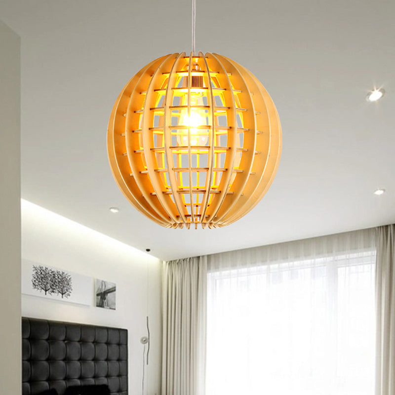 Wooden Globe Pendant Light Asian Style 1-Light Suspension Lamp in Natural Wood for Dining Room Clearhalo 'Ceiling Lights' 'Pendant Lights' 'Pendants' Lighting' 139036