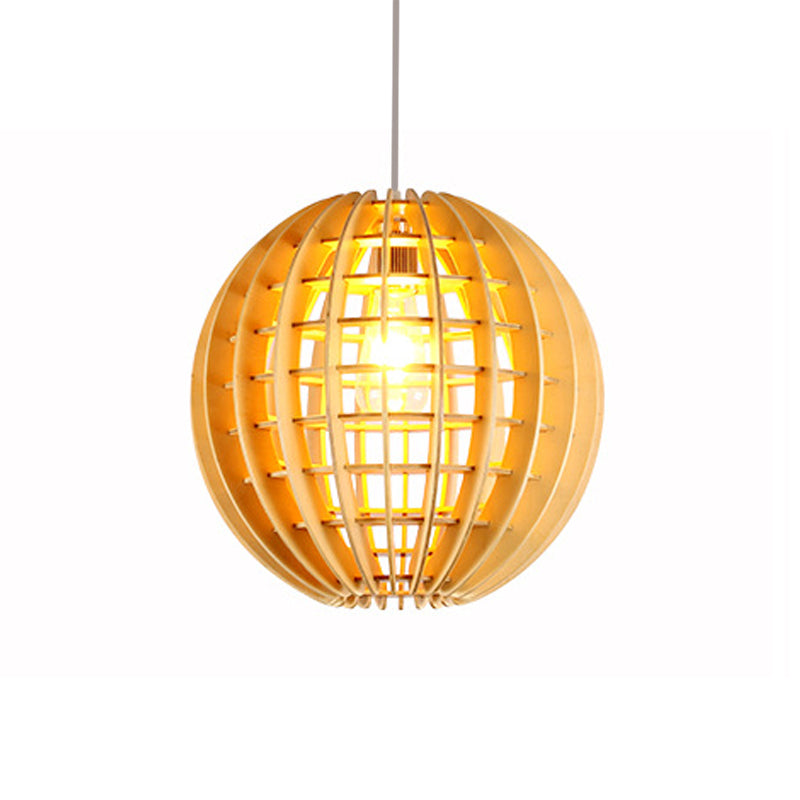 Wooden Globe Pendant Light Asian Style 1-Light Suspension Lamp in Natural Wood for Dining Room Clearhalo 'Ceiling Lights' 'Pendant Lights' 'Pendants' Lighting' 139037