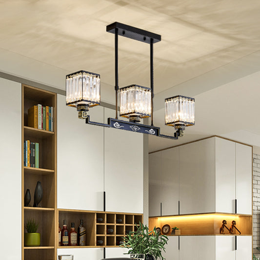 3 Heads Crystal Island Chandelier Light Traditional Black Square Dinning Room Island Lamp Black Clearhalo 'Ceiling Lights' 'Island Lights' Lighting' 1391141