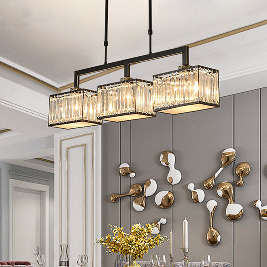 Cubic Dinning Hall Island Light Fixture Contemporary Crystal 3 Bulbs Black Chandelier Lamp Black Clearhalo 'Ceiling Lights' 'Island Lights' Lighting' 1391157