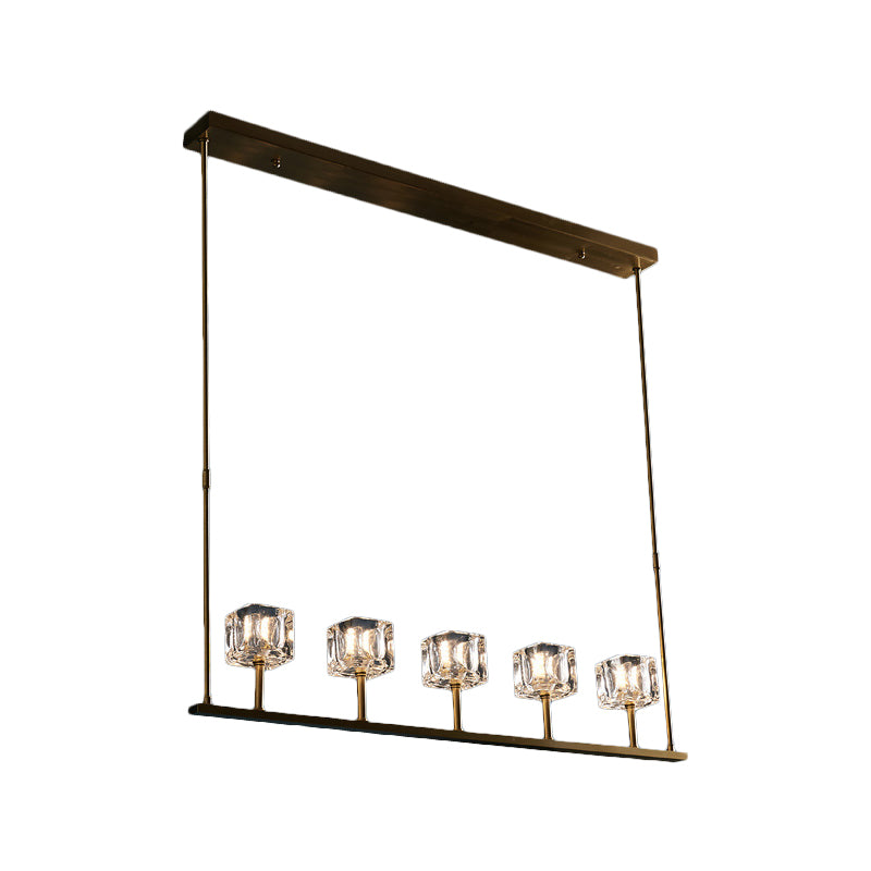 Gold 5 Heads Hanging Island Light Modern Crystal Square Pendant Lighting Fixture over Dining Table Clearhalo 'Ceiling Lights' 'Island Lights' Lighting' 1391162