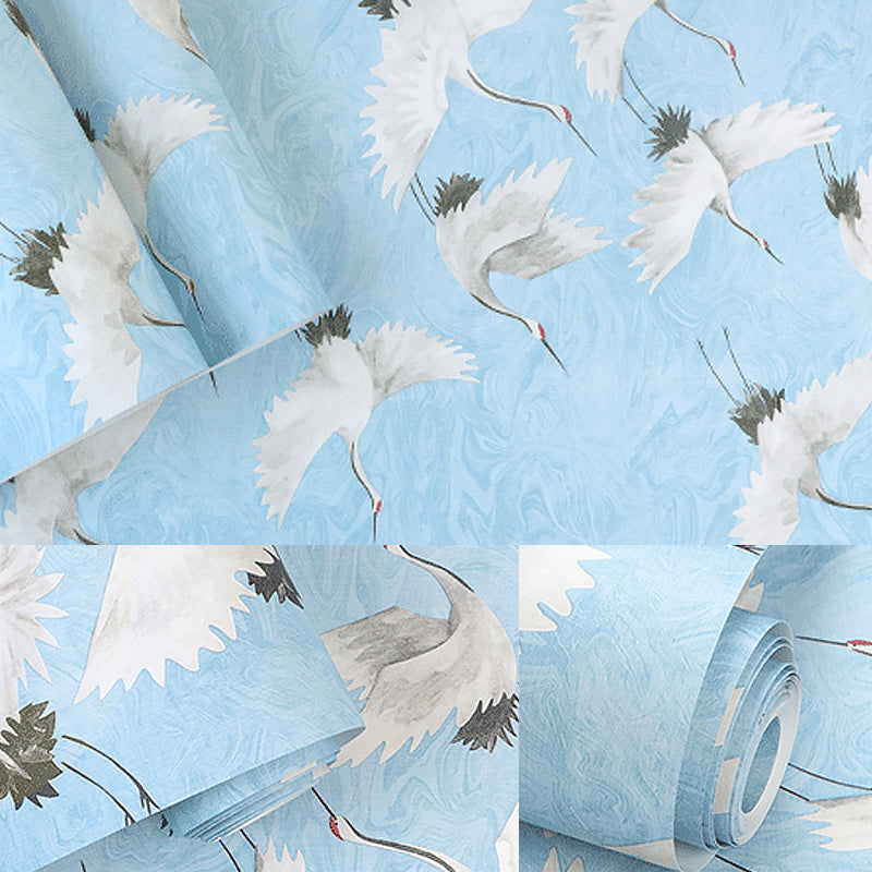 Asia Red Crowned Crane Wallpaper for Living Room 57.1-sq ft Wall Decor in Pastel Color Blue Clearhalo 'Modern wall decor' 'Modern' 'Wallpaper' Wall Decor' 1391179