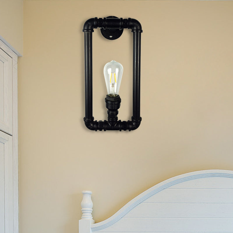 Matte Black Rectangle Wall Lighting Fixture with Pipe Design Industrial Metal 1 Light Bedroom Sconce Lamp Clearhalo 'Art deco wall lights' 'Cast Iron' 'Glass' 'Industrial wall lights' 'Industrial' 'Middle century wall lights' 'Modern' 'Rustic wall lights' 'Tiffany' 'Traditional wall lights' 'Wall Lamps & Sconces' 'Wall Lights' Lighting' 139138