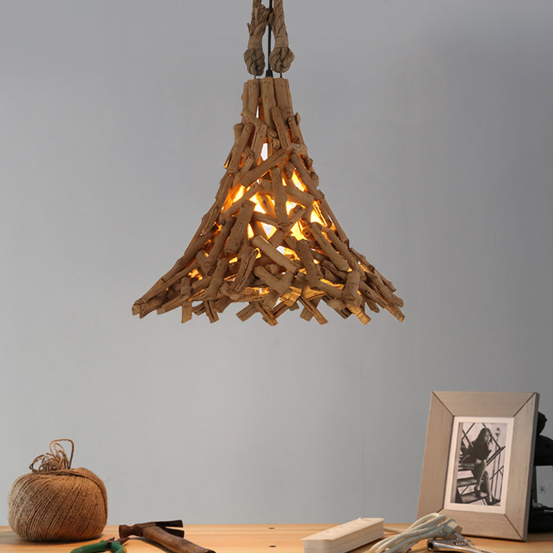 Wood Sticks Flared Hanging Light Rustic 1 Light Suspension Pendant in Beige for Indoor Beige Clearhalo 'Ceiling Lights' 'Modern Pendants' 'Modern' 'Pendant Lights' 'Pendants' Lighting' 139147