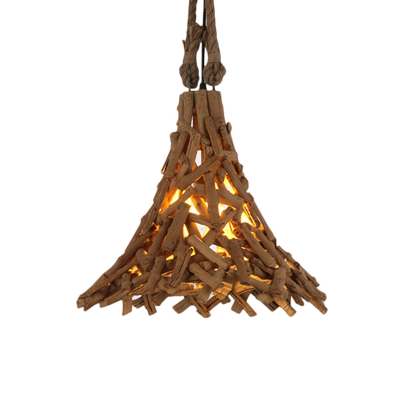 Wood Sticks Flared Hanging Light Rustic 1 Light Suspension Pendant in Beige for Indoor Clearhalo 'Ceiling Lights' 'Modern Pendants' 'Modern' 'Pendant Lights' 'Pendants' Lighting' 139149