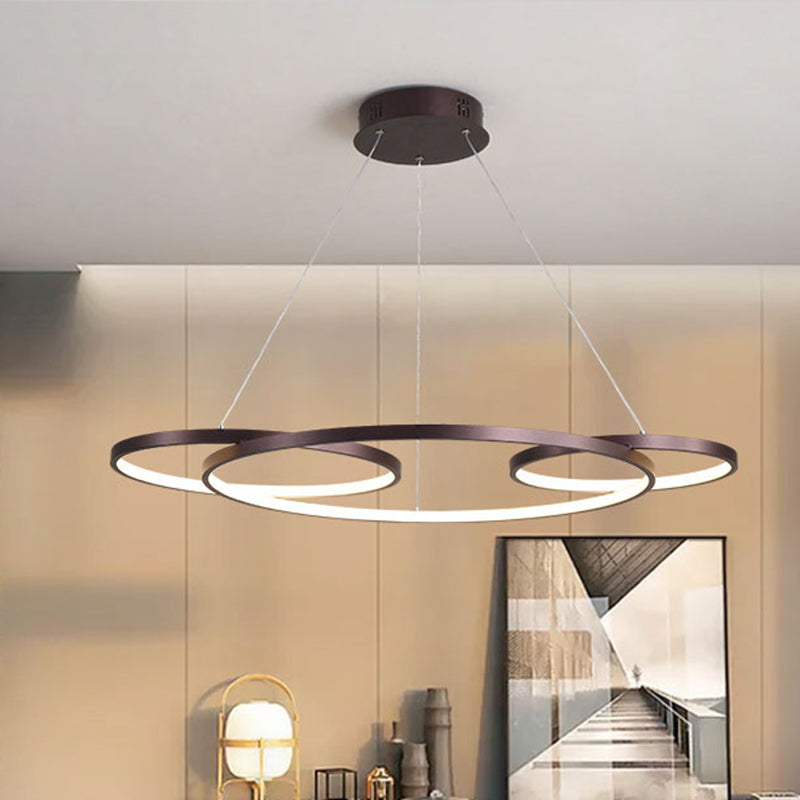 Coffee 3-Ring Hanging Chandelier Minimalism Metal LED Suspension Lamp for Drawing Room, Warm/White Light Coffee Clearhalo 'Ceiling Lights' 'Chandeliers' 'Modern Chandeliers' 'Modern' Lighting' 1391535