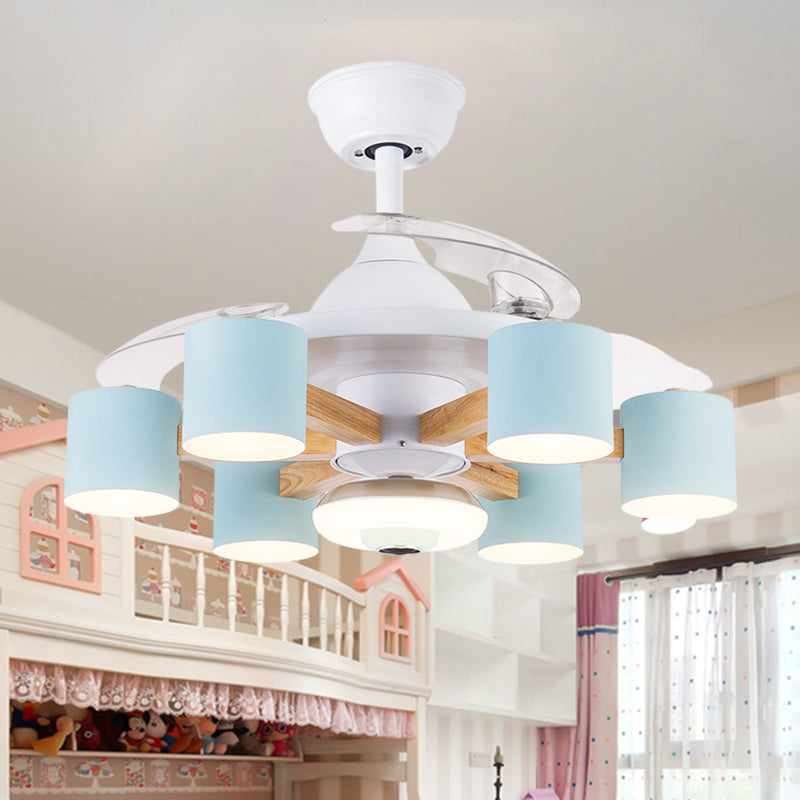 Nordic Cylinder Semi Flush Acrylic 42" W 6-Head Living Room Pendant Fan Light with 3 Clear Blades in Blue/White Blue Clearhalo 'Ceiling Fans with Lights' 'Ceiling Fans' 'Modern Ceiling Fans' 'Modern' Lighting' 1391584