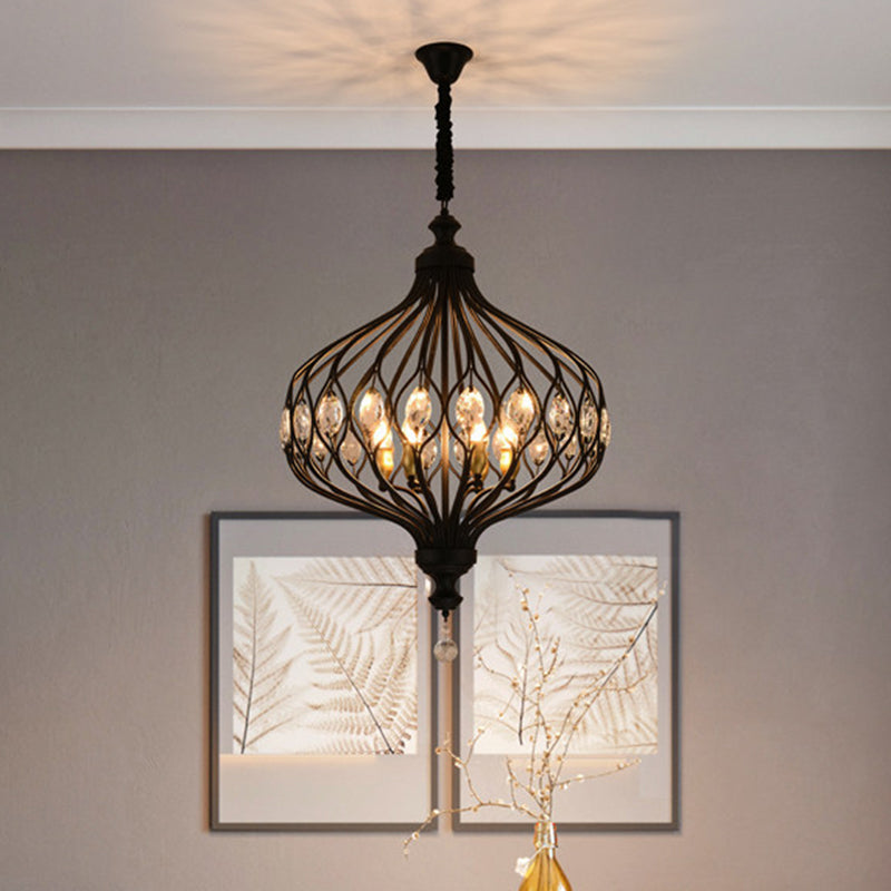 4/6 Lights Lantern Chandelier Contemporary Black/Gold Crystal Encrusted Hanging Lamp Kit Clearhalo 'Ceiling Lights' 'Chandeliers' 'Modern Chandeliers' 'Modern' Lighting' 1391676