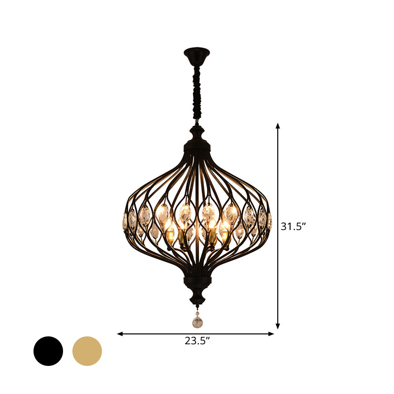 4/6 Lights Lantern Chandelier Contemporary Black/Gold Crystal Encrusted Hanging Lamp Kit Clearhalo 'Ceiling Lights' 'Chandeliers' 'Modern Chandeliers' 'Modern' Lighting' 1391679