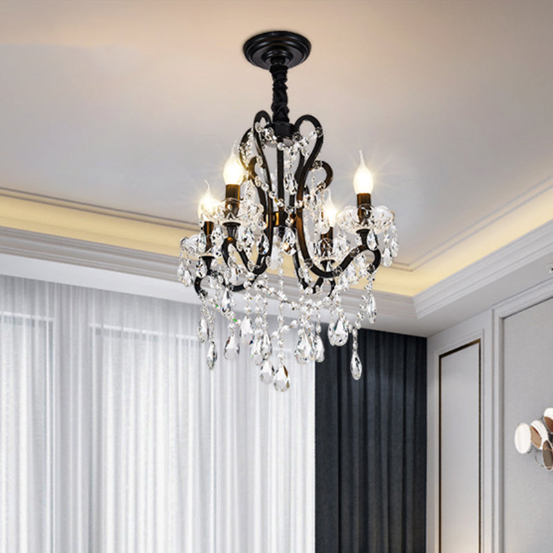 4/5 Lights Crystal Stands Chandelier Light Modern Black Bedroom Swag Hanging Ceiling Fixture 4 Black Clearhalo 'Ceiling Lights' 'Chandeliers' 'Modern Chandeliers' 'Modern' Lighting' 1391693