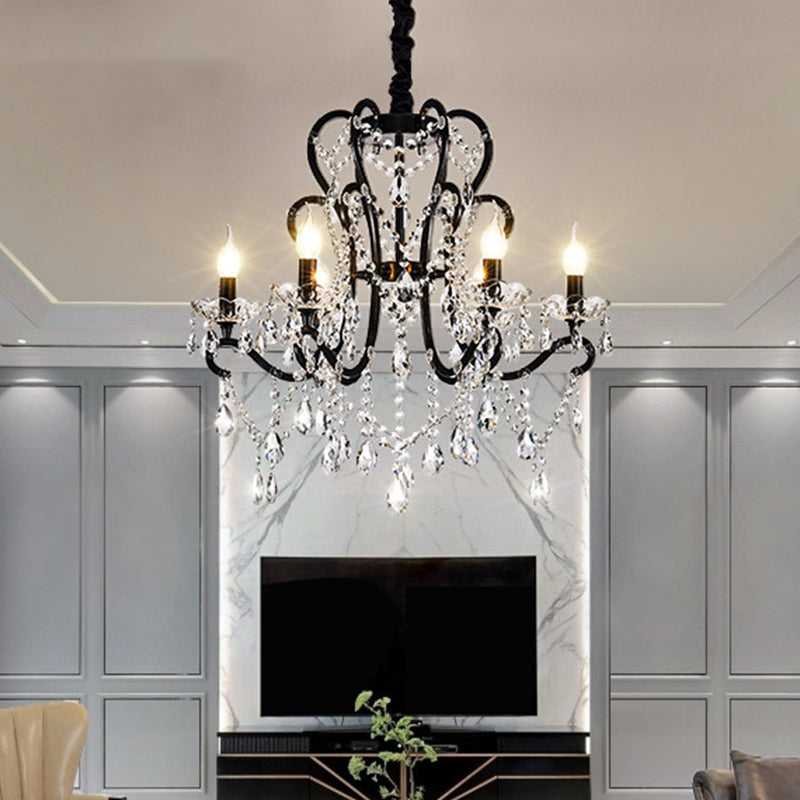 4/5 Lights Crystal Stands Chandelier Light Modern Black Bedroom Swag Hanging Ceiling Fixture Clearhalo 'Ceiling Lights' 'Chandeliers' 'Modern Chandeliers' 'Modern' Lighting' 1391699