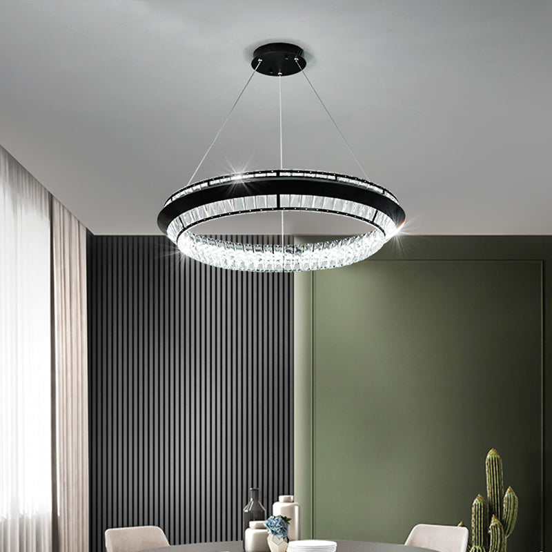 Contemporary Style Ring Chandelier Lighting Rectangle-Cut Crystal LED Pendulum Lamp in Black Clearhalo 'Ceiling Lights' 'Chandeliers' 'Modern Chandeliers' 'Modern' Lighting' 1391721