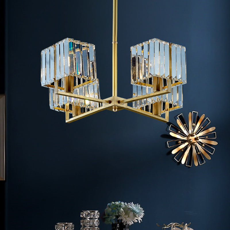 Cuboid Crystal Block Chandelier Light Contemporary 4/6 Heads Bedroom Pendant Lighting Fixture in Gold 4 Gold Clearhalo 'Ceiling Lights' 'Chandeliers' 'Modern Chandeliers' 'Modern' Lighting' 1391733