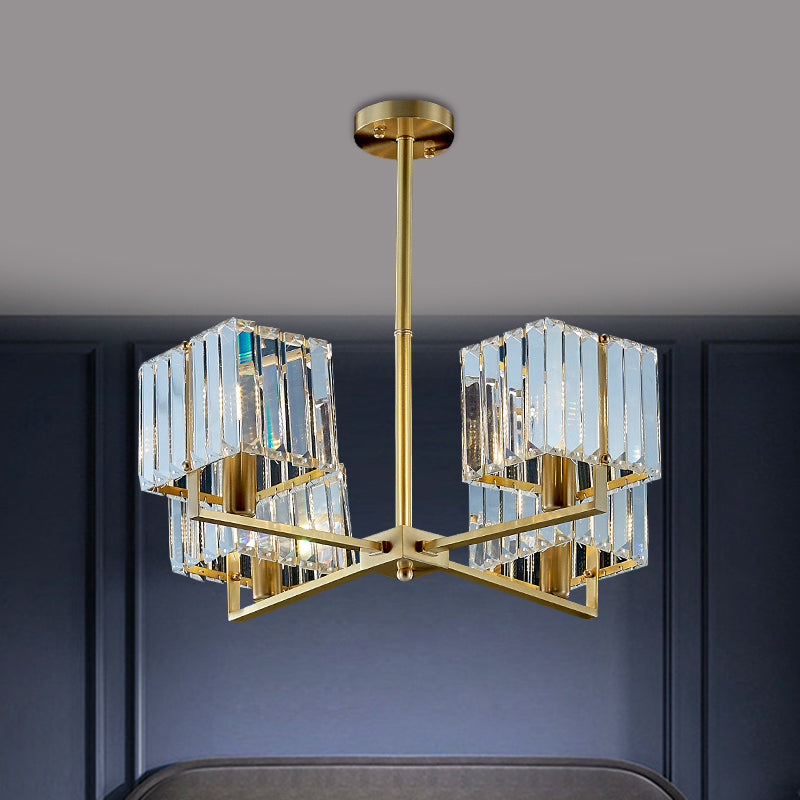 Cuboid Crystal Block Chandelier Light Contemporary 4/6 Heads Bedroom Pendant Lighting Fixture in Gold Clearhalo 'Ceiling Lights' 'Chandeliers' 'Modern Chandeliers' 'Modern' Lighting' 1391734