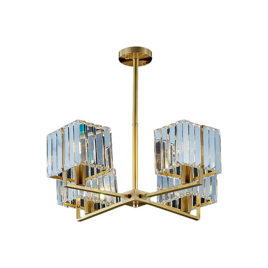 Cuboid Crystal Block Chandelier Light Contemporary 4/6 Heads Bedroom Pendant Lighting Fixture in Gold Clearhalo 'Ceiling Lights' 'Chandeliers' 'Modern Chandeliers' 'Modern' Lighting' 1391735