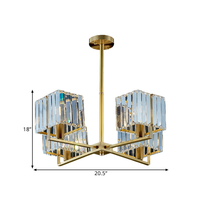 Cuboid Crystal Block Chandelier Light Contemporary 4/6 Heads Bedroom Pendant Lighting Fixture in Gold Clearhalo 'Ceiling Lights' 'Chandeliers' 'Modern Chandeliers' 'Modern' Lighting' 1391736