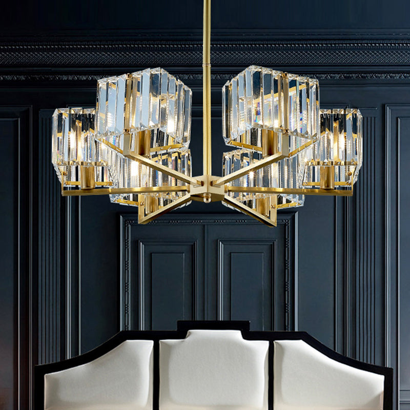 Cuboid Crystal Block Chandelier Light Contemporary 4/6 Heads Bedroom Pendant Lighting Fixture in Gold 6 Gold Clearhalo 'Ceiling Lights' 'Chandeliers' 'Modern Chandeliers' 'Modern' Lighting' 1391737