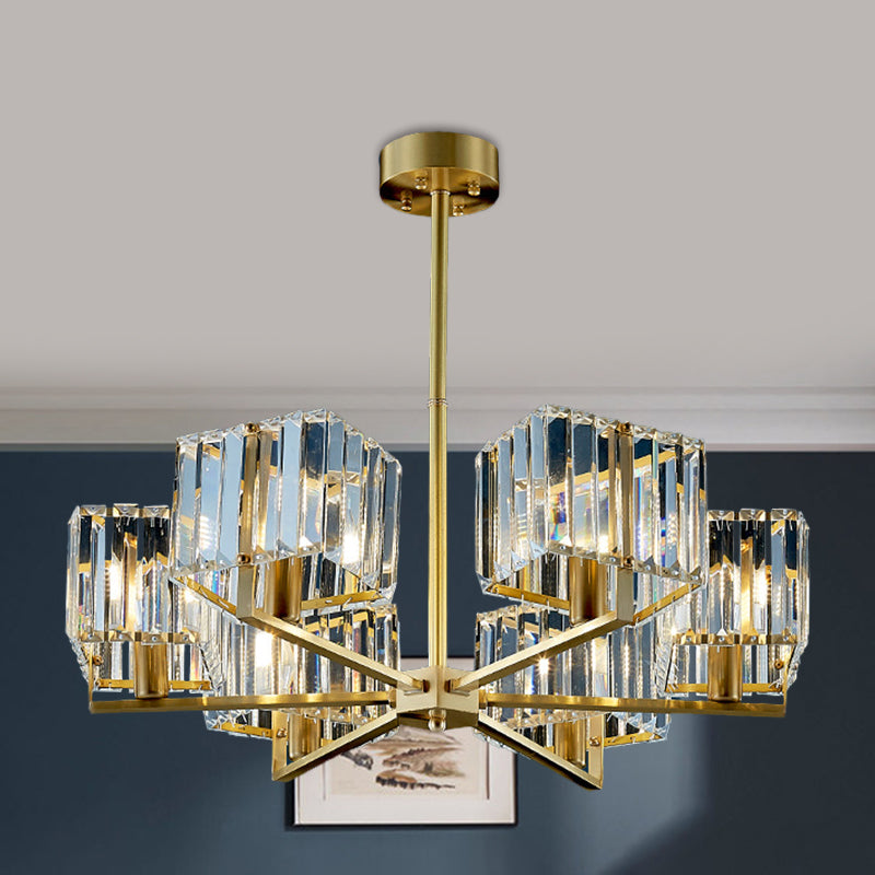 Cuboid Crystal Block Chandelier Light Contemporary 4/6 Heads Bedroom Pendant Lighting Fixture in Gold Clearhalo 'Ceiling Lights' 'Chandeliers' 'Modern Chandeliers' 'Modern' Lighting' 1391738