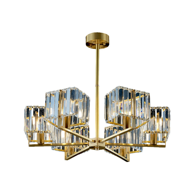 Cuboid Crystal Block Chandelier Light Contemporary 4/6 Heads Bedroom Pendant Lighting Fixture in Gold Clearhalo 'Ceiling Lights' 'Chandeliers' 'Modern Chandeliers' 'Modern' Lighting' 1391739