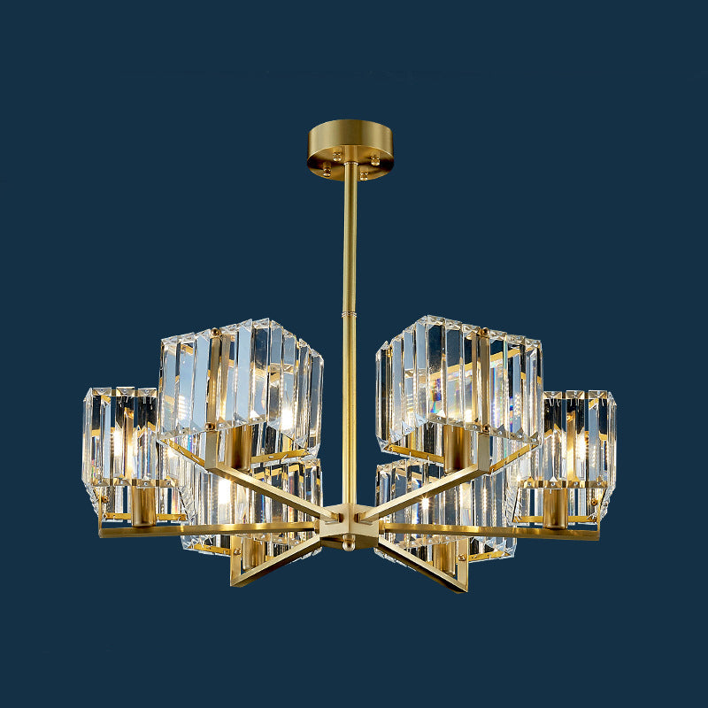 Cuboid Crystal Block Chandelier Light Contemporary 4/6 Heads Bedroom Pendant Lighting Fixture in Gold Clearhalo 'Ceiling Lights' 'Chandeliers' 'Modern Chandeliers' 'Modern' Lighting' 1391740