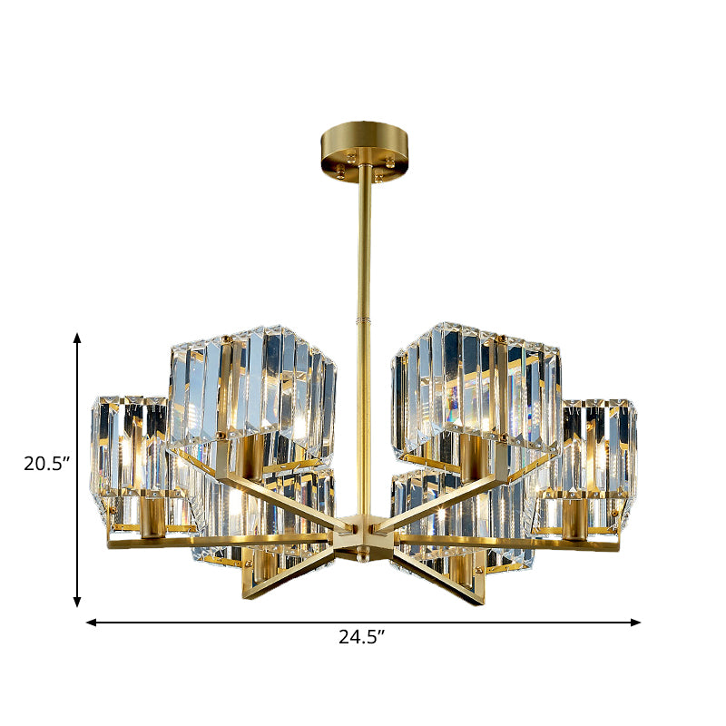 Cuboid Crystal Block Chandelier Light Contemporary 4/6 Heads Bedroom Pendant Lighting Fixture in Gold Clearhalo 'Ceiling Lights' 'Chandeliers' 'Modern Chandeliers' 'Modern' Lighting' 1391741