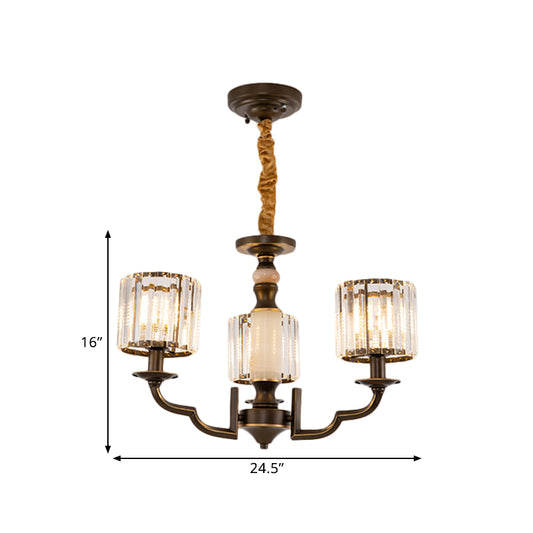 Cylindrical Bedchamber Hanging Fixture Traditional Crystal 3/6 Bulbs Black Ceiling Chandelier Pendant Clearhalo 'Ceiling Lights' 'Chandeliers' Lighting' options 1391754