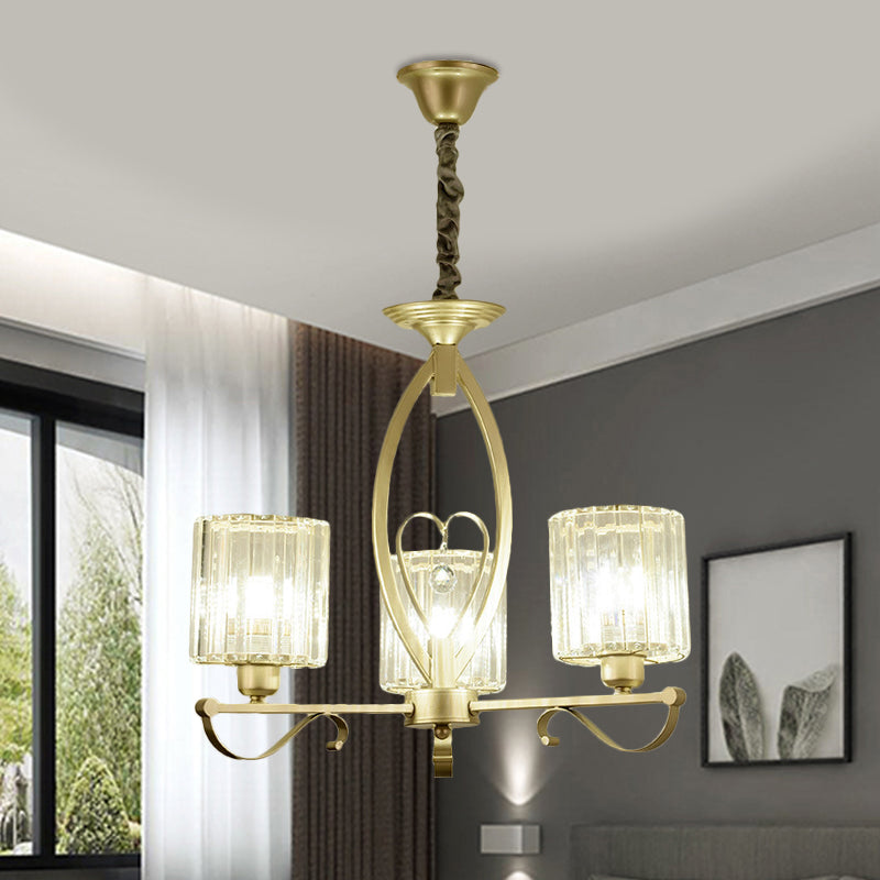 Crystal Cylindrical Suspension Light Traditional 3/6 Heads Sitting Room Chandelier Pendant Lamp in Gold Clearhalo 'Ceiling Lights' 'Chandeliers' Lighting' options 1391760