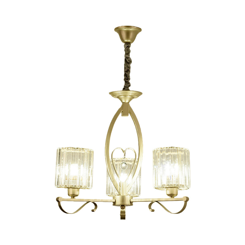 Crystal Cylindrical Suspension Light Traditional 3/6 Heads Sitting Room Chandelier Pendant Lamp in Gold Clearhalo 'Ceiling Lights' 'Chandeliers' Lighting' options 1391762