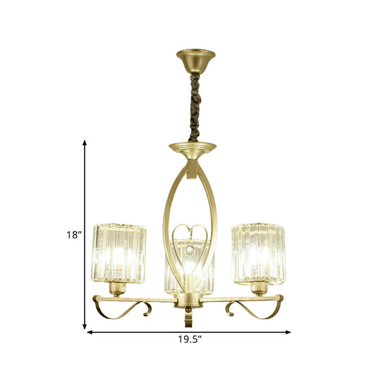 Crystal Cylindrical Suspension Light Traditional 3/6 Heads Sitting Room Chandelier Pendant Lamp in Gold Clearhalo 'Ceiling Lights' 'Chandeliers' Lighting' options 1391763