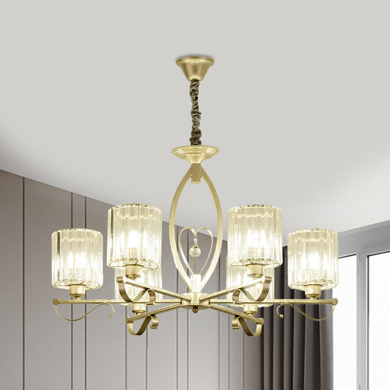 Crystal Cylindrical Suspension Light Traditional 3/6 Heads Sitting Room Chandelier Pendant Lamp in Gold Clearhalo 'Ceiling Lights' 'Chandeliers' Lighting' options 1391765