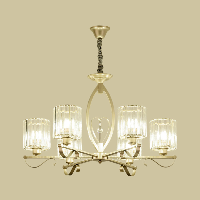 Crystal Cylindrical Suspension Light Traditional 3/6 Heads Sitting Room Chandelier Pendant Lamp in Gold Clearhalo 'Ceiling Lights' 'Chandeliers' Lighting' options 1391767